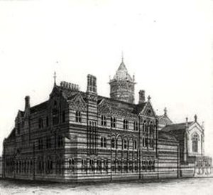 新しい学校、ラグビー-北西からの眺め、1867-84（水彩紙と鉛筆） 作： William Butterfield